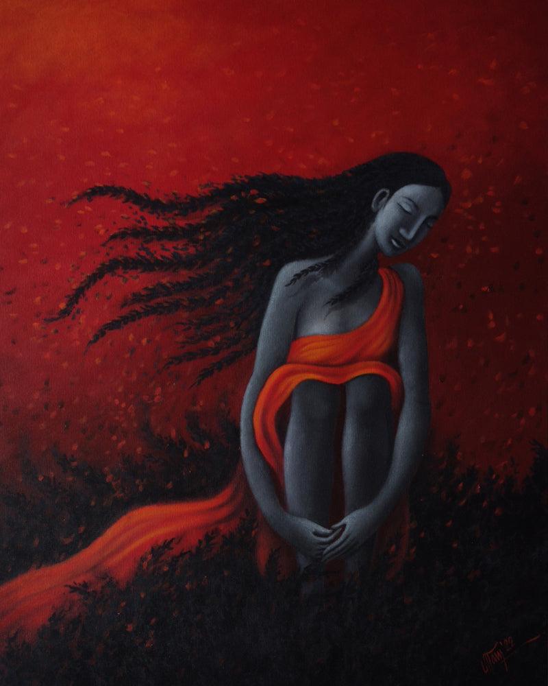 Figurative acrylic painting titled 'Dreams Within', 30x24 inches, by artist Uttam Bhattacharya on Canvas