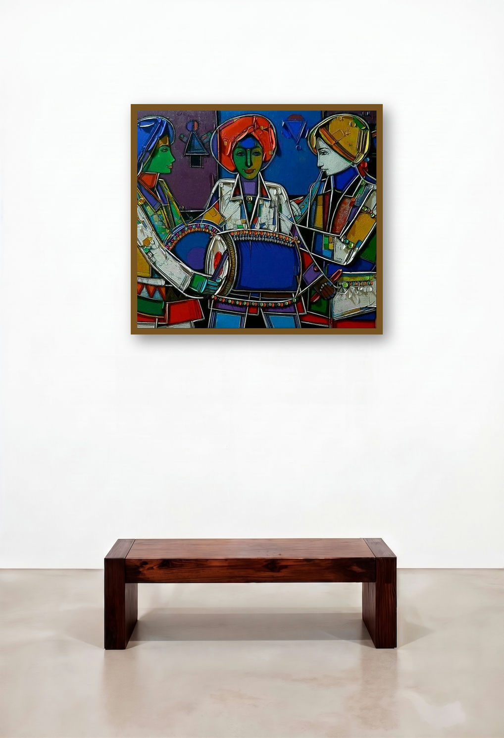 Drummers (The Rhythmic Dance) by artist Girish Adannavar displayed in a Mid-Century Modern Penthouse