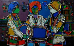 Figurative acrylic painting titled 'Drummers', 30x48 inches, by artist Girish Adannavar on Canvas