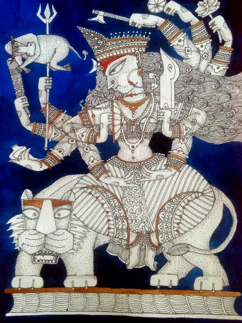 Religious acrylic ink painting titled 'Durga 1', 12x10 inches, by artist Samik De on Paper