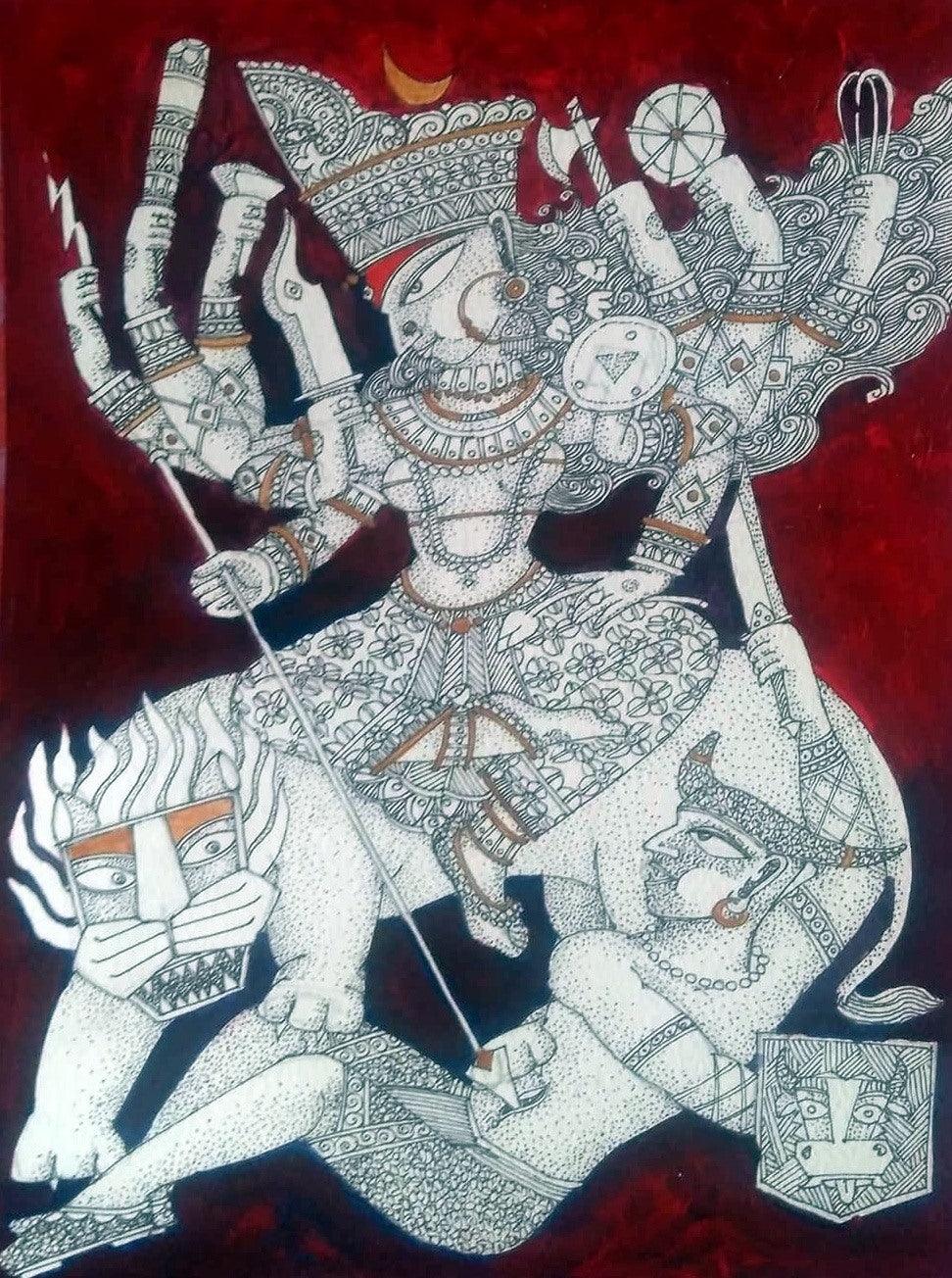 Religious acrylic ink painting titled 'Durga 2', 12x10 inches, by artist Samik De on Paper