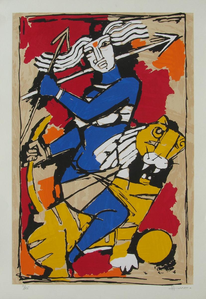 Religious serigraphs painting titled 'Durga', 30x21 inches, by artist M. F. Husain on Paper
