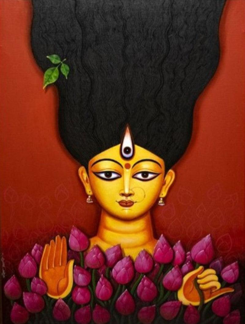 Religious acrylic painting titled 'Durga', 40x30 inches, by artist RAJIB DEYASHI on Canvas