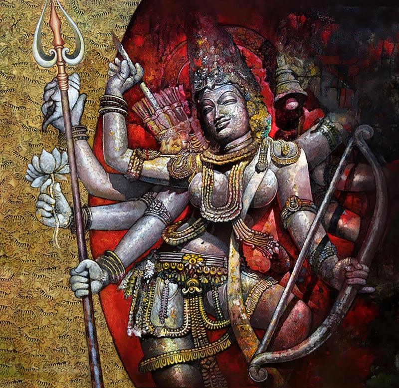 Religious acrylic painting titled 'Durga', 34x34 inches, by artist Sudhir Meher on Canvas