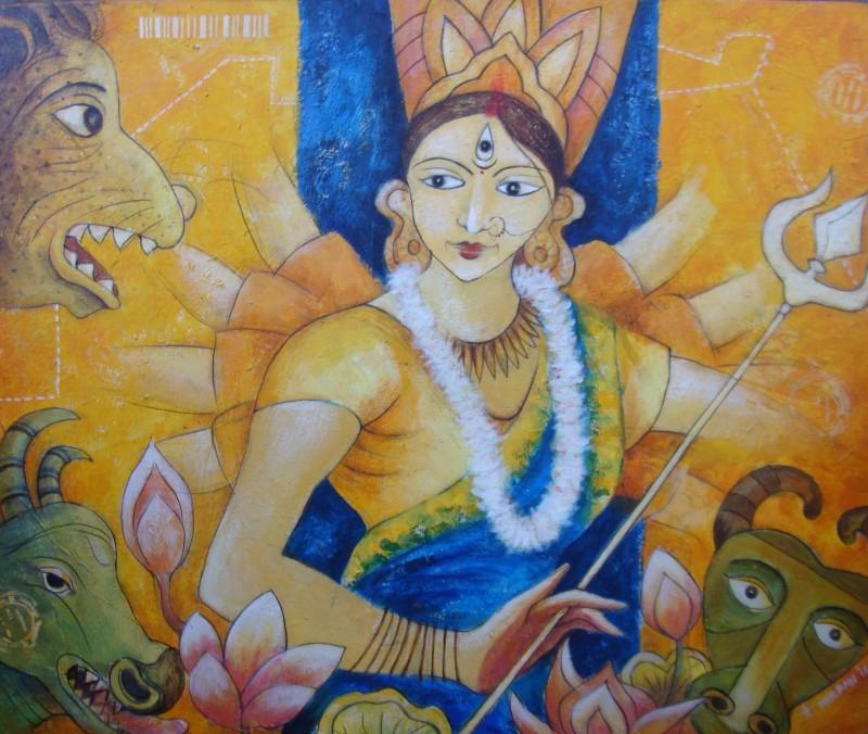 Religious acrylic painting titled 'Durga', 24x20 inches, by artist Anirban Seth on Canvas