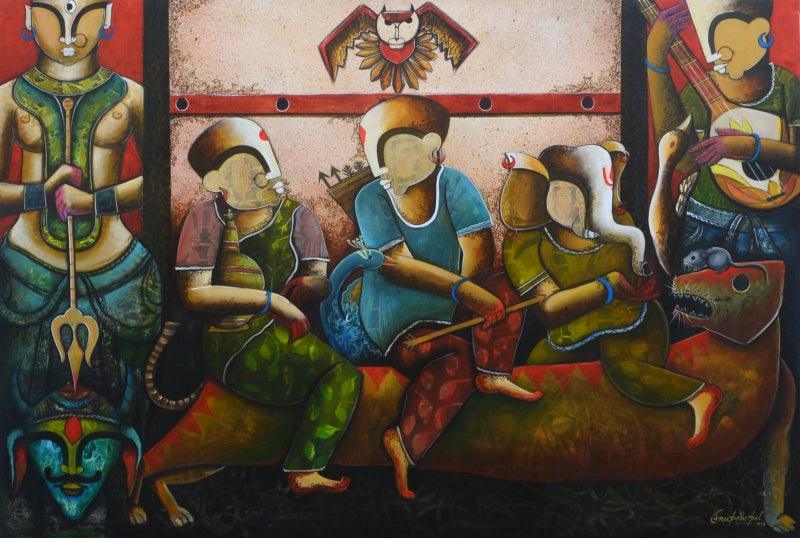 contemporary acrylic painting titled 'Durga', 72x48 inches, by artist Anupam Pal on canvas