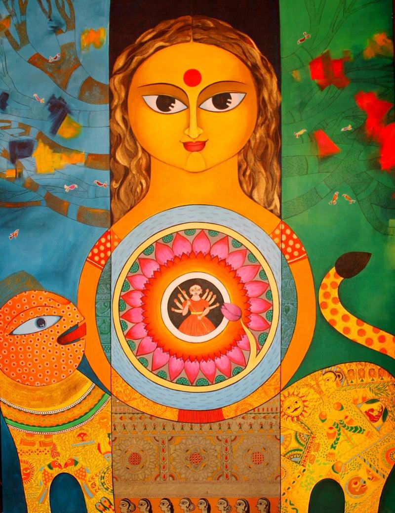 Religious acrylic painting titled 'Durga', 60x48 inches, by artist Meenakshi Jha Banerjee on Canvas