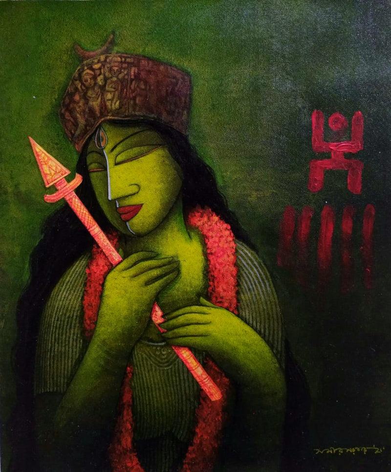 Religious acrylic painting titled 'Durga', 19x16 inches, by artist Samir Sarkar on Canvas