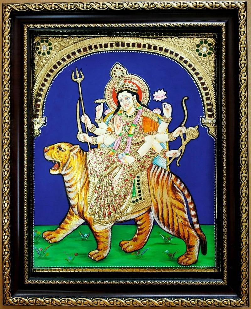 Religious tanjore traditional art titled 'Durga Tanjore Painting', 15x12 inches, by artist VANI VIJAY on Plywood
