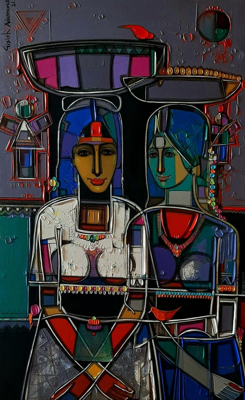 Figurative acrylic painting titled 'Early Morning', 48x30 inches, by artist Girish Adannavar on Canvas
