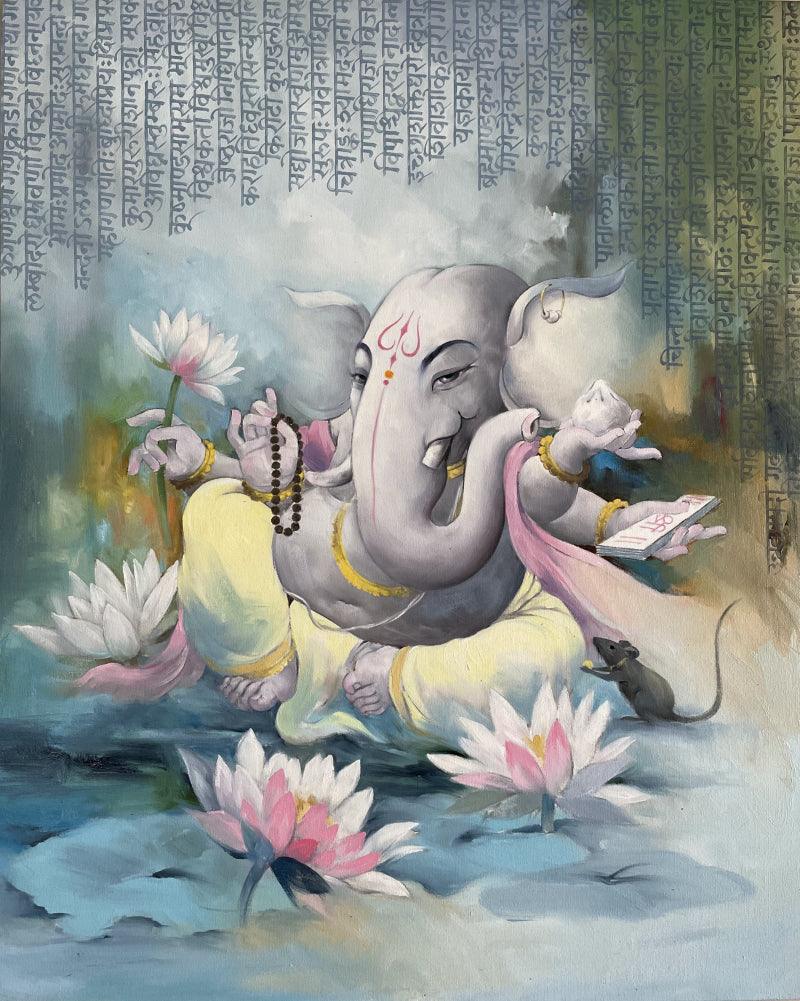 Religious oil painting titled 'Ekadanta', 42x34 inches, by artist Namdev M Patil on Canvas