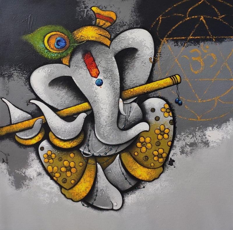 Religious acrylic painting titled 'Ekadanta', 30x30 inches, by artist Paras Parmar on Canvas