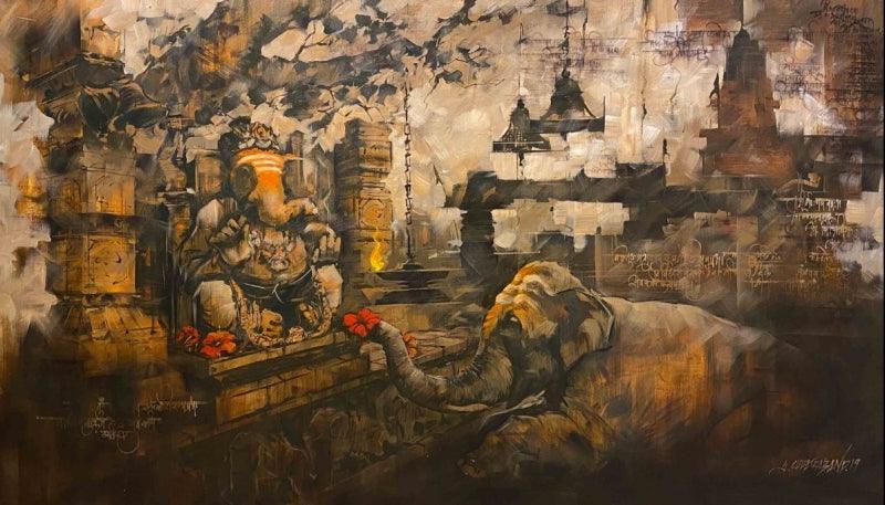 Religious acrylic painting titled 'Ekdant', 42x71 inches, by artist Sandeep Chhatraband on Canvas