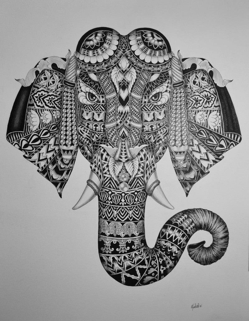 Animals pen drawing titled 'Elephant 1', 30x22 inches, by artist Kushal Kumar on Paper