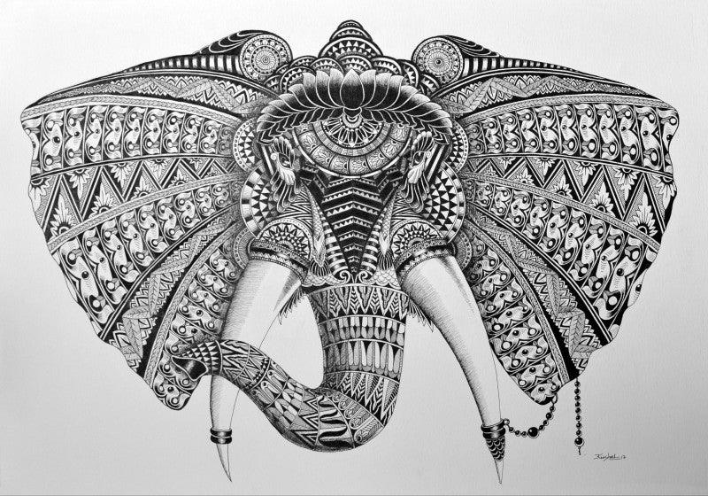 Animals pen drawing titled 'Elephant 2', 22x30 inches, by artist Kushal Kumar on Paper