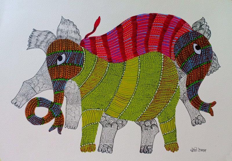 Animals gond traditional art titled 'Elephant 4', 10x14 inches, by artist Choti Gond Artist on Paper