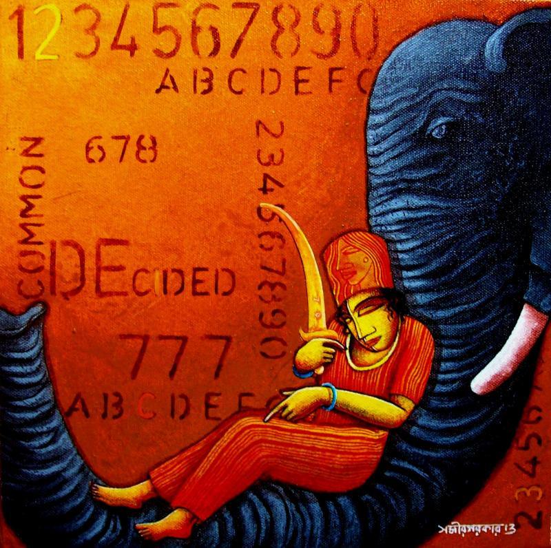 Figurative acrylic painting titled 'Elephant', 12x12 inches, by artist Samir Sarkar on Canvas