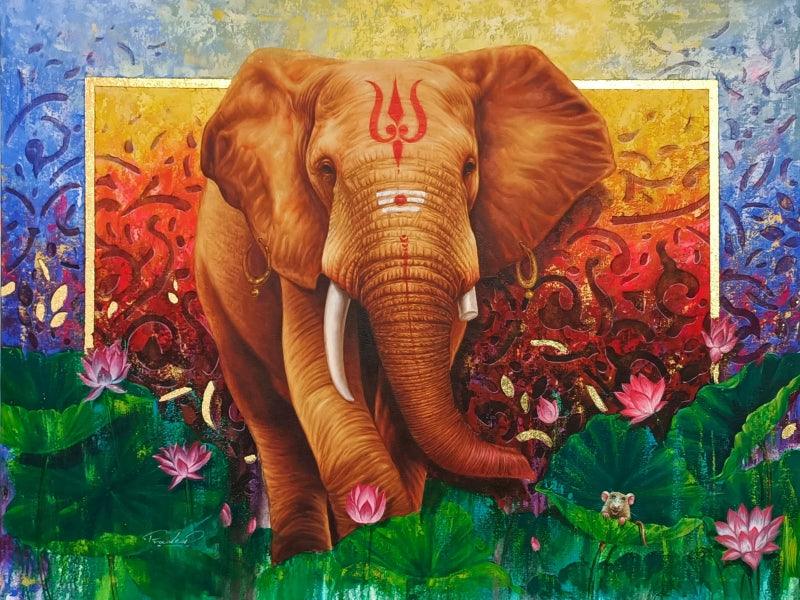 Animals oil painting titled 'Elephant', 36x48 inches, by artist Pradeep Kumar on Canvas