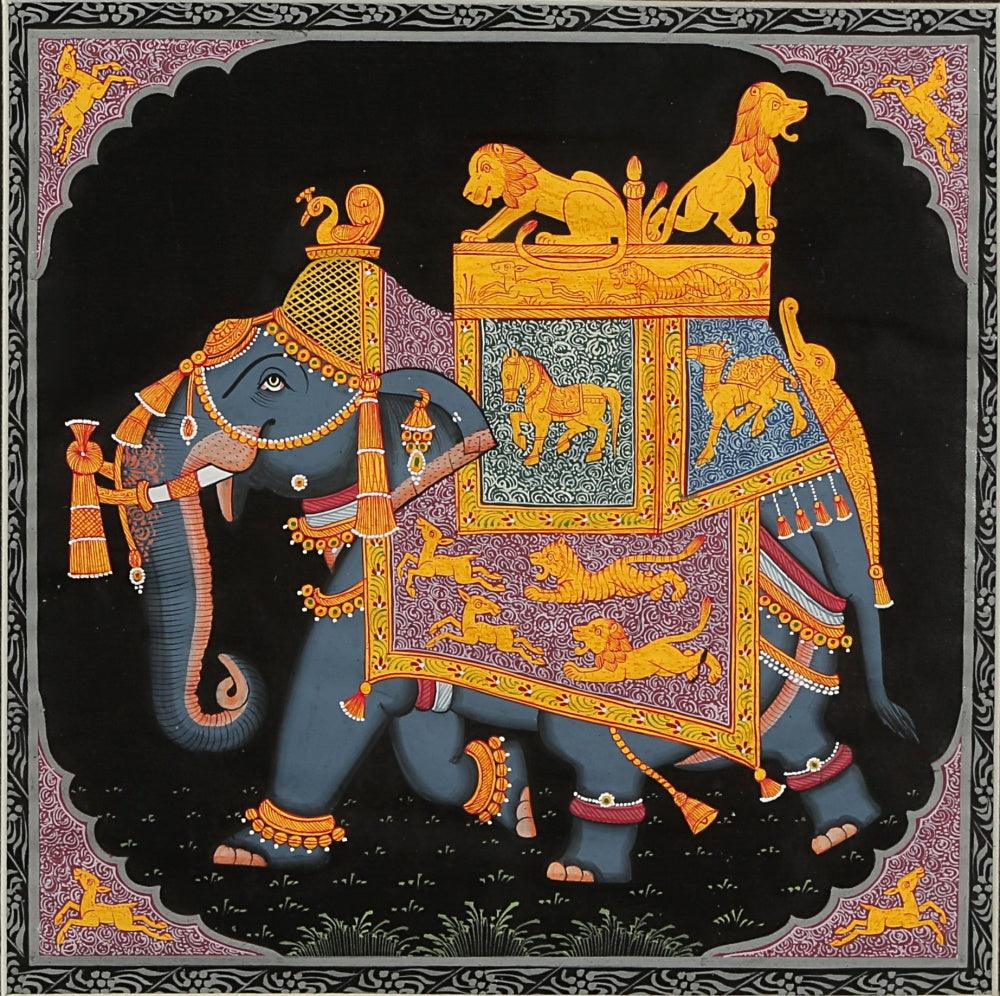Folk Art miniature traditional art titled 'Elephant', 10x10 inches, by artist Kalaviti Arts on Silk Cloth
