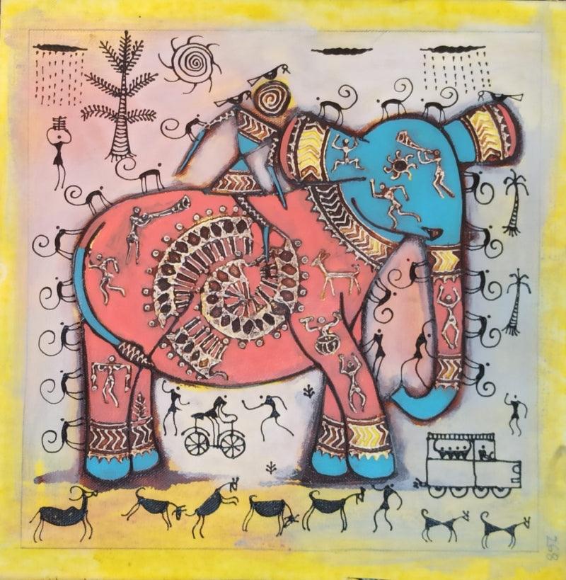 Animals warli traditional art titled 'Elephant', 12x12 inches, by artist Pradeep Swain on Canvas