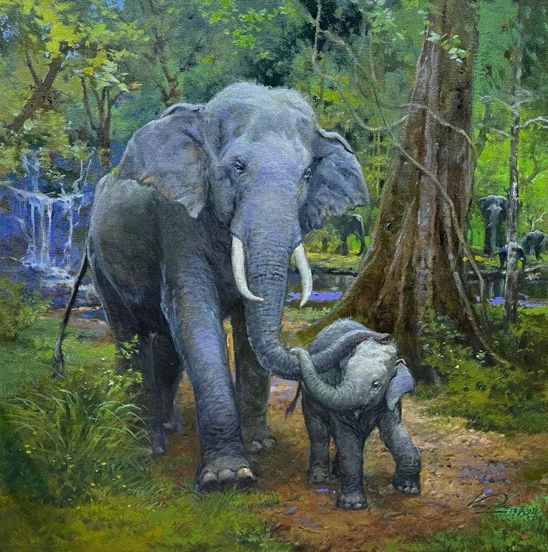 Animals oil painting titled 'Elephant', 24x24 inches, by artist Vasudeo Kamath on Canvas