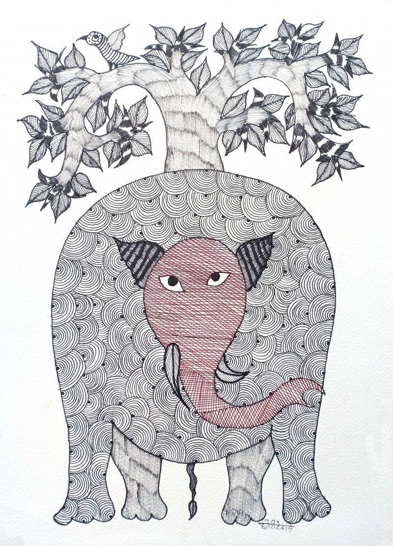 Animals gond traditional art titled 'Elephant', 14x10 inches, by artist Choti Gond Artist on Paper