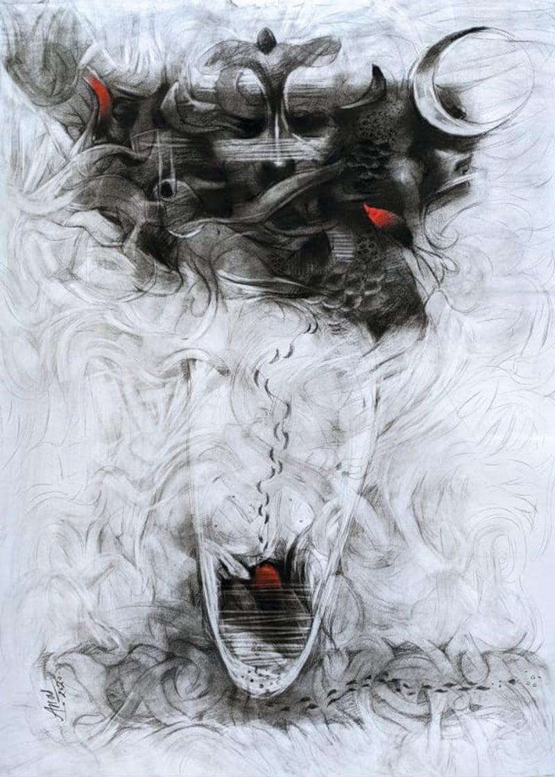 contemporary charcoal painting titled 'Energy', 30x22 inches, by artist Anas Sultan on Paper
