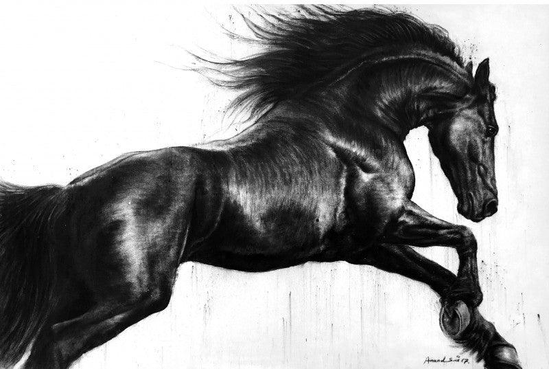 Animals charcoal painting titled 'Energy', 36x48 inches, by artist Anand Sai on Canvas