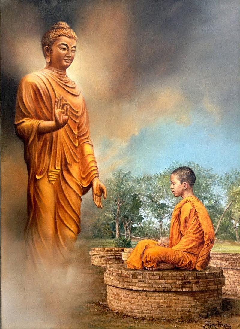 Religious oil painting titled 'Enlightment', 52x38 inches, by artist Shyam Verma on Canvas