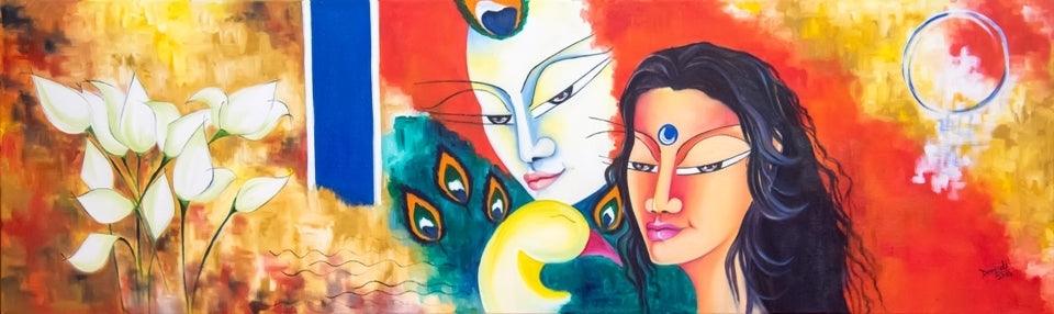 contemporary acrylic oil painting titled 'Eternal love', 14x48 inches, by artist Deepali Mundra on Canvas