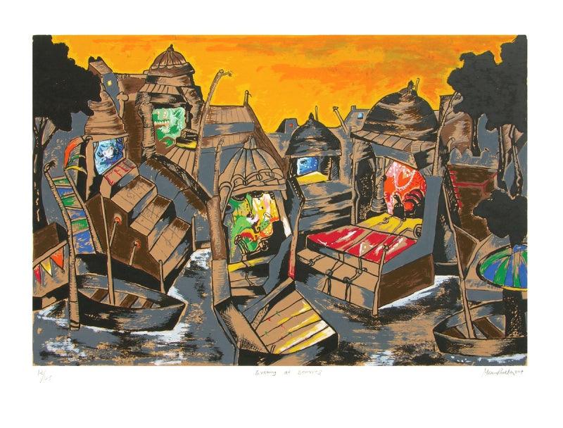 Cityscape serigraphs painting titled 'Evening At Banaras', 30x40 inches, by artist Manu Parekh on Paper