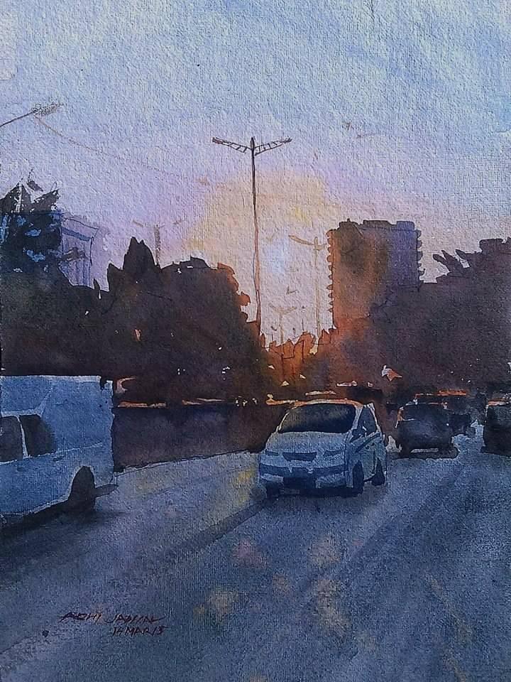 Cityscape watercolor painting titled 'Evening Light', 22x14 inches, by artist Abhijit Jadhav on Paper