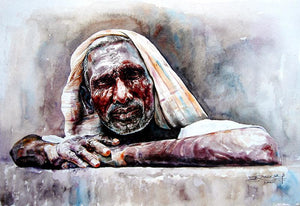 Expectation (Lines of Time) by Srv Artist, Original Watercolor Figurative Painting on Handmade Paper, Small Horizontal Wall Art