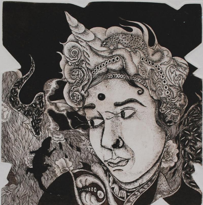 Figurative printmaking titled 'Expression 1', 10x10 inches, by artist Anupama Dey on Paper