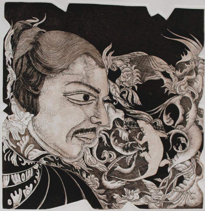 Figurative printmaking titled 'Expression', 10x10 inches, by artist Anupama Dey on Paper