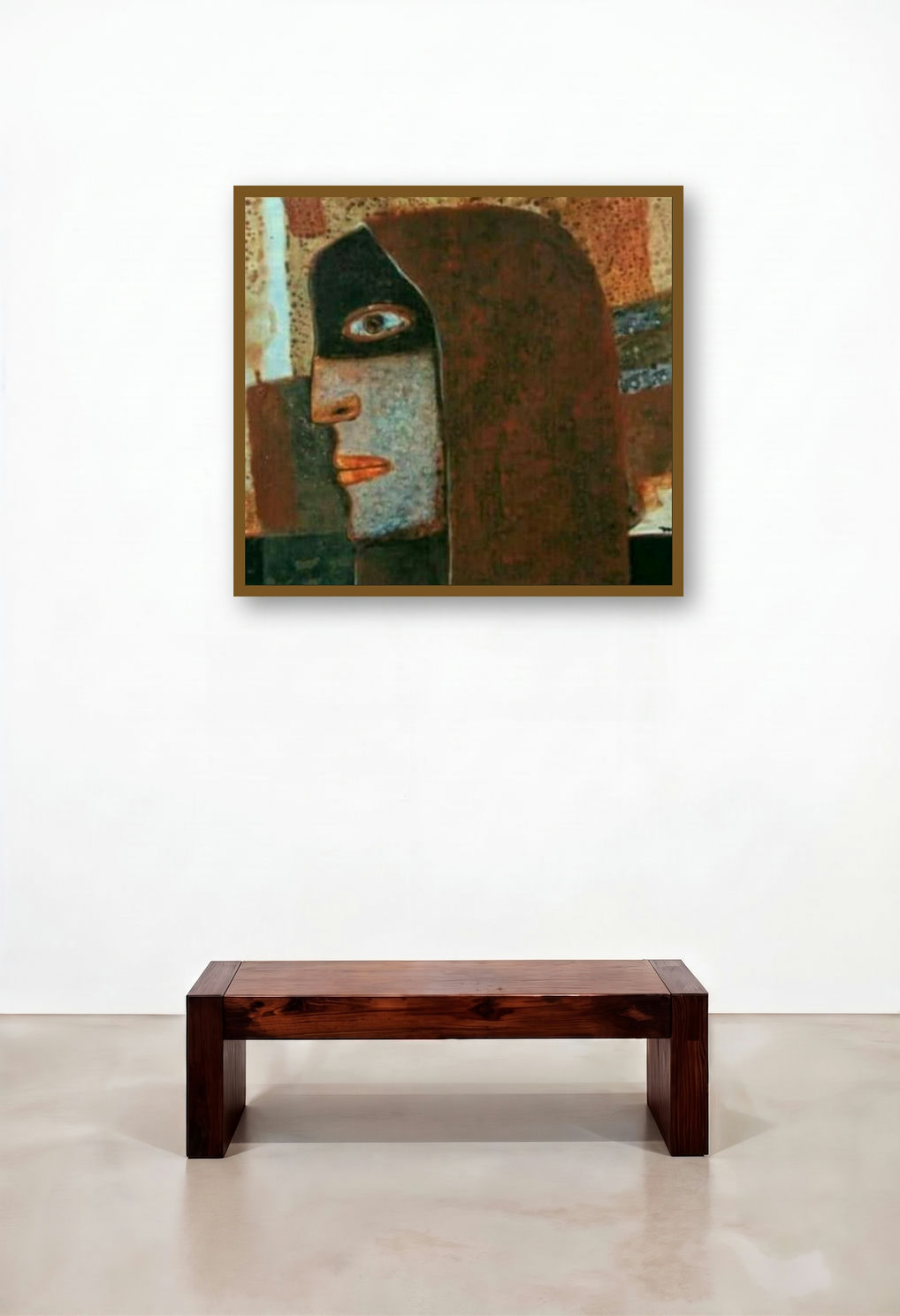 Face 1 (The Hidden Gaze) by artist Mihir Kayal displayed in a Minimalist Reception Area