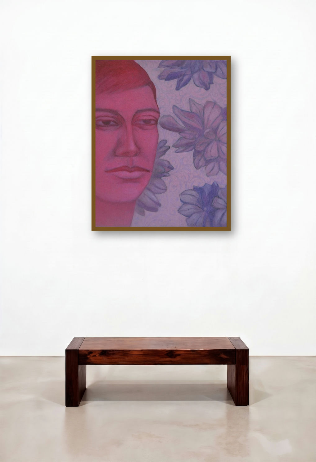 Face 1 (Roseate Portrait) by artist Partha Mondal displayed in a Minimalist Bedroom