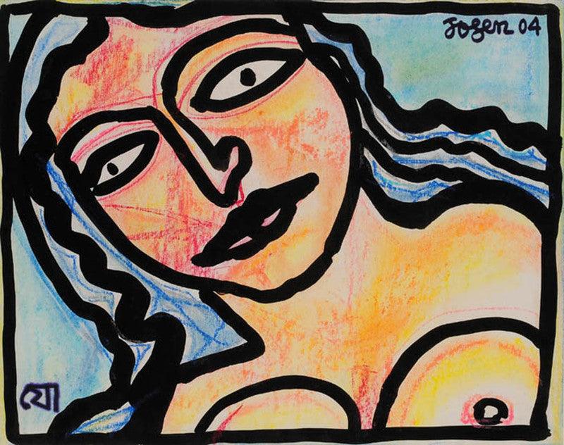 Figurative mixed media painting titled 'Face', 11x14 inches, by artist Jogen Chowdhury on Paper