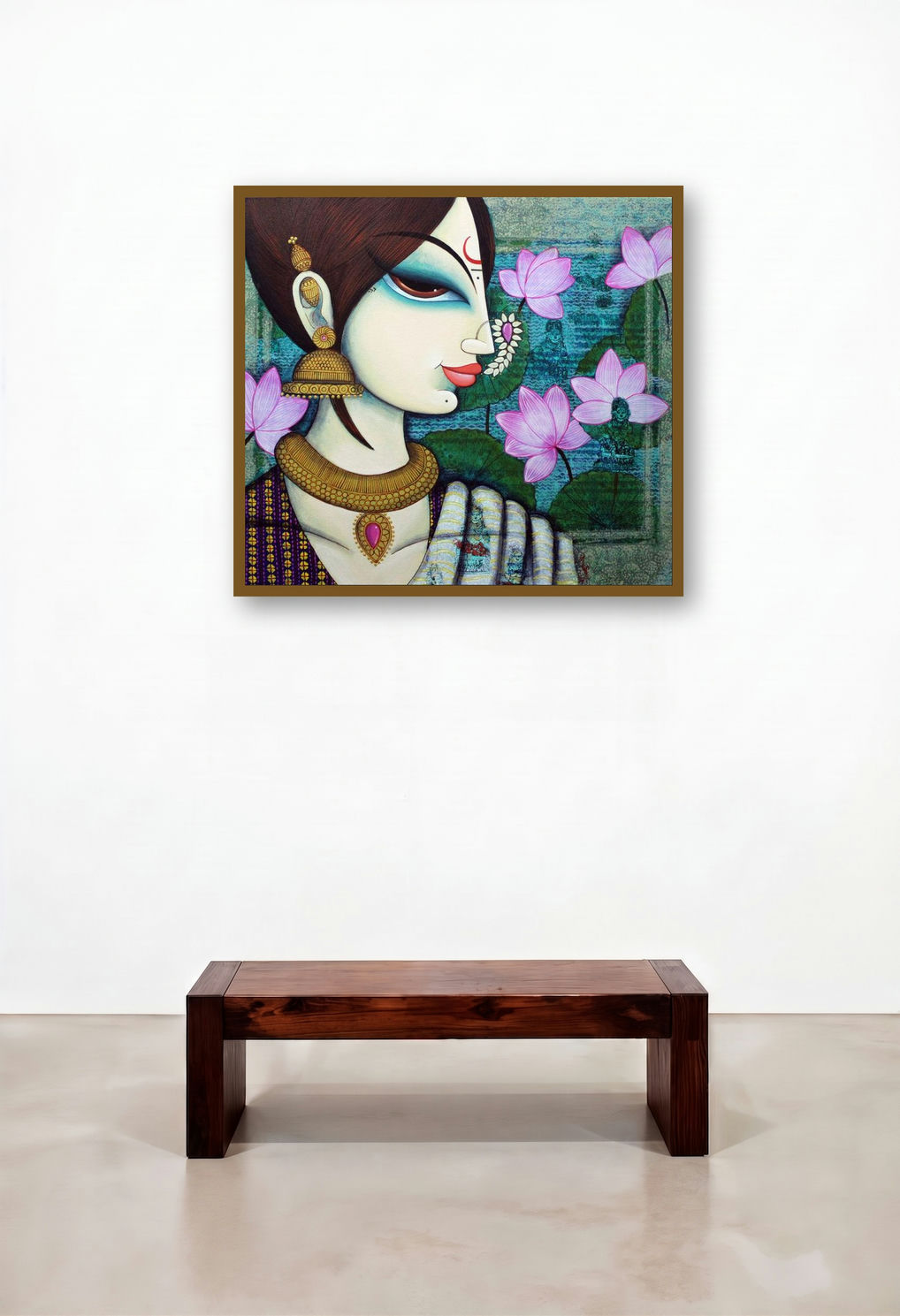 Face (The Lotus Grace) by artist Varsha Kharatamal displayed in a Contemporary Luxury Lounge