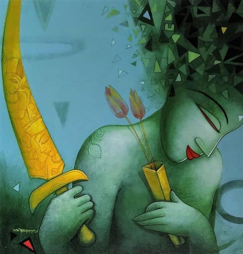 Figurative acrylic painting titled 'Faithful', 20x19 inches, by artist Samir Sarkar on Canvas