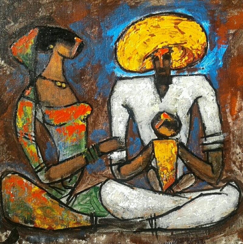 Figurative acrylic painting titled 'Family 2', 12x12 inches, by artist Ramesh Gujar on Canvas