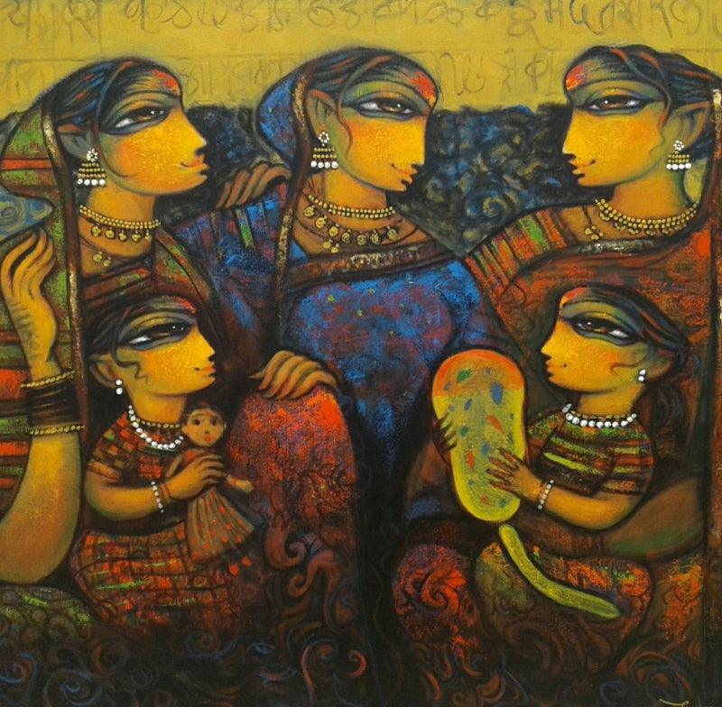 Figurative acrylic painting titled 'Family 3', 36x48 inches, by artist Ramesh Gujar on Canvas