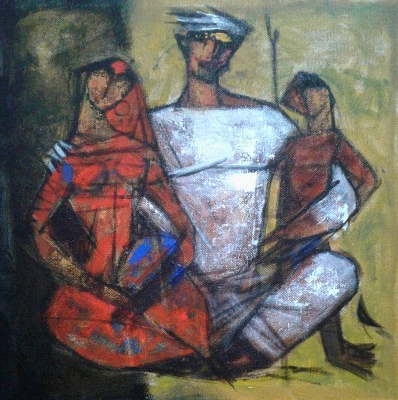 Figurative acrylic painting titled 'Family 4', 12x12 inches, by artist Ramesh Gujar on Canvas