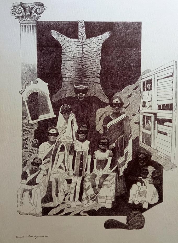 contemporary pen ink drawing titled 'Family Album', 30x22 inches, by artist Sourav Nandy on Paper