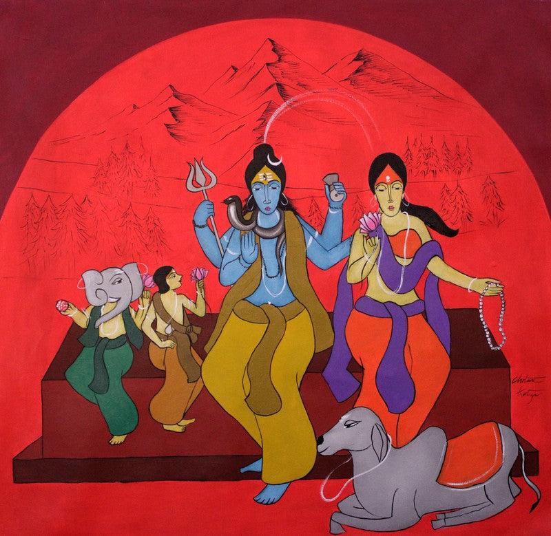 Religious acrylic painting titled 'Family', 34x34 inches, by artist Chetan Katigar on Canvas