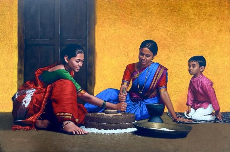 Figurative color pencil drawing titled 'Family', 40x60 inches, by artist Shashikant Dhotre on Paper