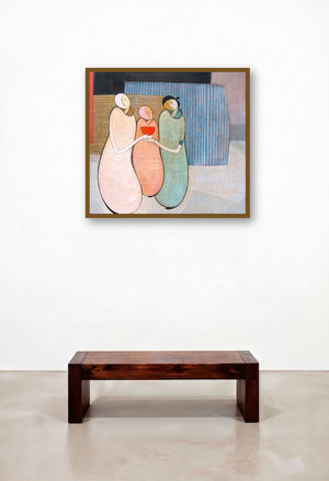 Family (Bonds of Kin: A Family Portrait) by artist Dattatraya Thombare displayed in a Minimalist Hotel Lobby