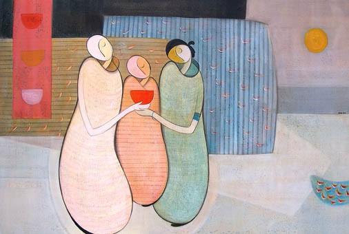 Figurative acrylic painting titled 'Family', 48x72 inches, by artist Dattatraya Thombare on Canvas