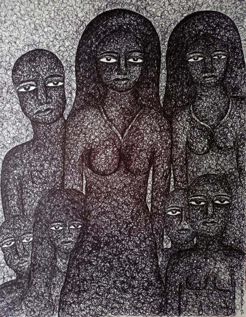 Nude pen drawing titled 'Family', 17x12 inches, by artist Ankita Dutta on Paper