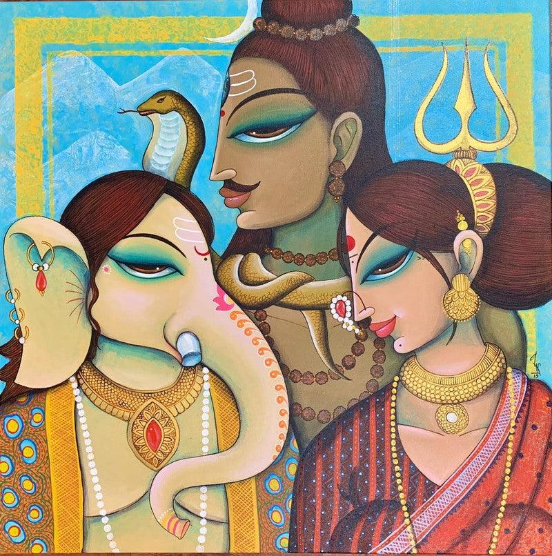Religious acrylic painting titled 'Family', 30x30 inches, by artist Varsha Kharatamal on Canvas